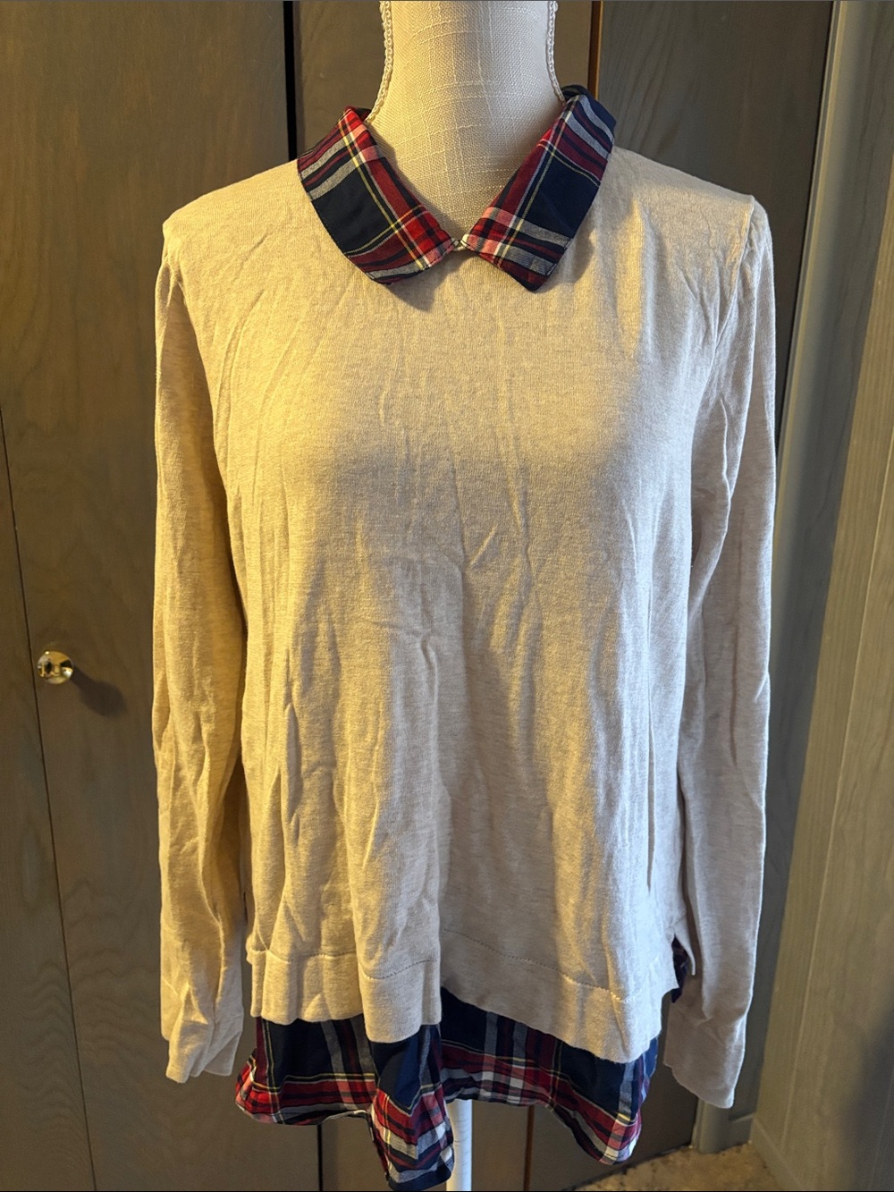 J Crew Layered Look Sweater Plaid Collared Knit Tan Red Blue Retro Twofer - Picture 2 of 6